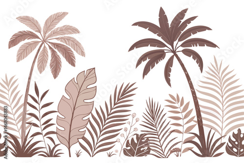 Tropical Brown Leaves and Palms Background Illustration, Exotic Vegetation Design, Artistic Style.