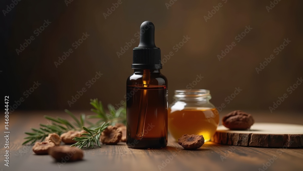 Amber Bottle of Essential Oil with Honey and Nuts on Wooden Table Amber Bottle of Essential Oil with Honey and Nuts on Wooden Table