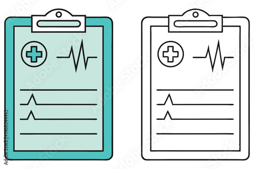 Two clipboards show health data including heartbeat trace and medical plus symbols