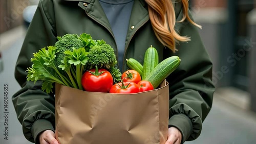 Woman carry purchase in paper bag vegetable and fruit from market. AI Generative