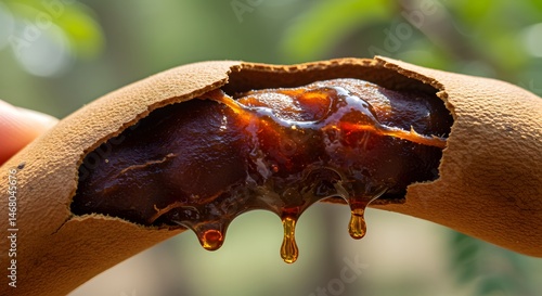 Close up of a cracked tamarind pod with dripping pulp against a blurred background