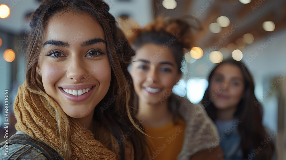 Obraz premium A close-up selfie of three happy friends smiling, showing genuine connection and joy.