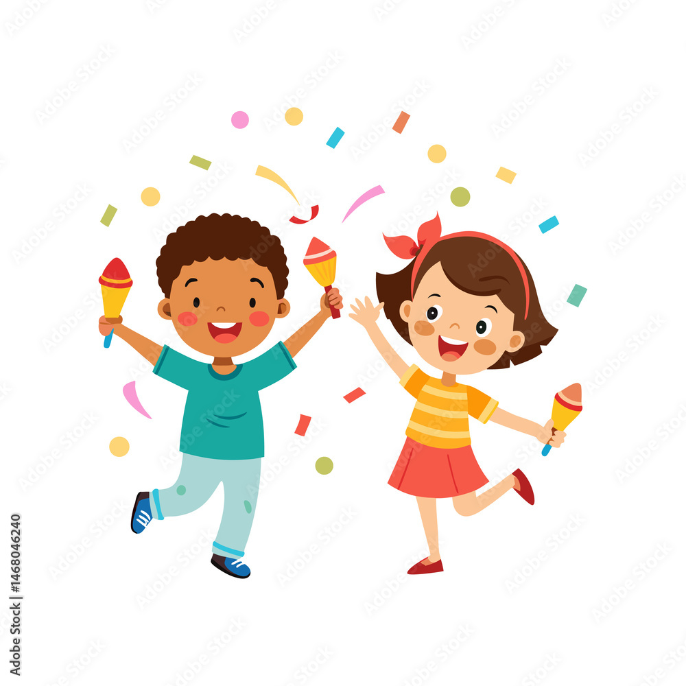 Kids Playing with Confetti Poppers on Transparent Background Kids Playing with Confetti Poppers on Transparent Background