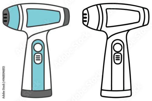 A teal and white hand vacuum icon stands next to a black line art version
