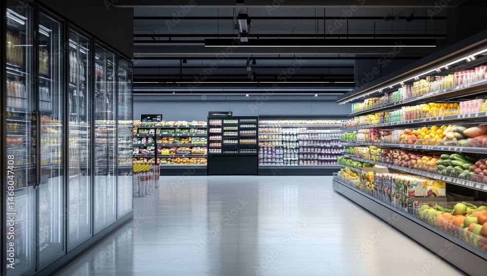 Modern grocery store interior, well-lit aisles, displays of fresh produce, refrigerated items, and packaged goods Modern grocery store interior, well-lit aisles, displays of fresh produce, refrigerated items, and packaged goods