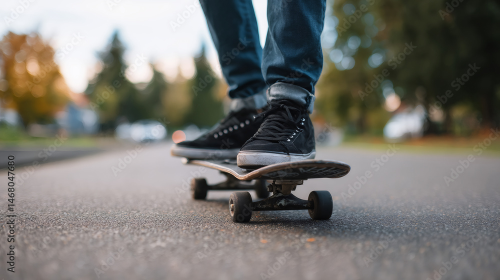 Teenager balancing on skateboard in residential neighborhood Teenager balancing on skateboard in residential neighborhood