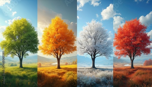 in one photo spring, summer, autumn, winter trees at different stages. Nature landscape, trees in countryside. Each season represents unique color and style of trees. Perfect for calendar, postcard.