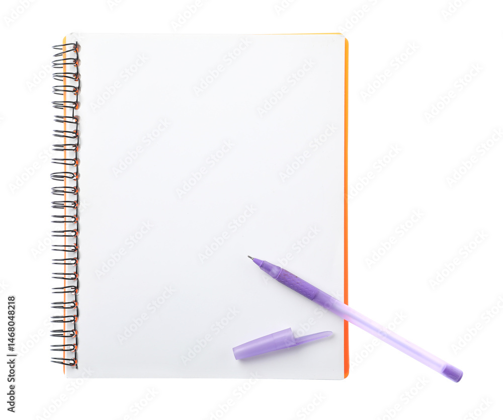 Pen and open notebook isolated on white, top view Pen and open notebook isolated on white, top view