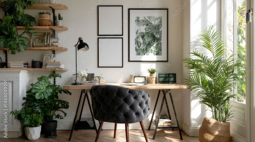Fototapeta premium Cozy Home Office with Plants and Natural Light in Modern Design