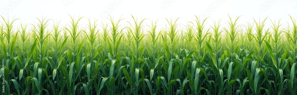 Fototapeta premium Vibrant green cornfield isolated on transparent background. Summertime growth of maize plants in farmland ready for harvest. Agriculture, farming concept.