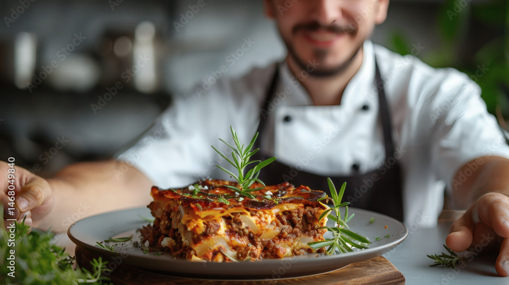A smiling chef is proudly presenting a freshly baked and garnished lasagna ready to serve. A smiling chef is proudly presenting a freshly baked and garnished lasagna ready to serve.