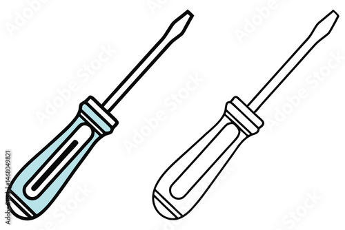 One screwdriver boasts a blue handle, while the other is outlined, contrasting on white