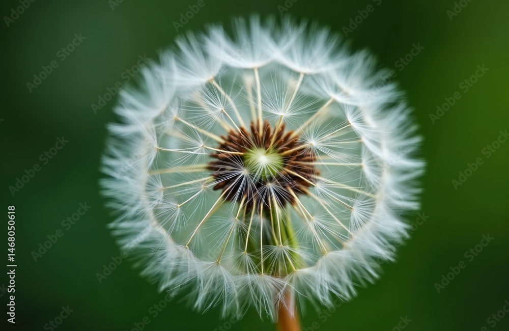 Fototapeta premium Close-up photo of dandelion blowball with seeds. Green background. Concept of growth, freedom, fragility, spring, nature. White fluffy seeds ready to fly. Freshness, beauty, soft texture.