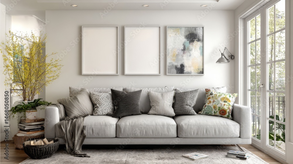 Modern Living Room with Cozy Sofa and Minimalist Decor Elements Modern Living Room with Cozy Sofa and Minimalist Decor Elements
