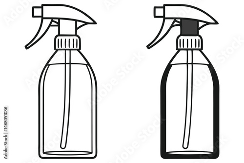 Two simple outline bottles with spray nozzle and a tube are presented closely