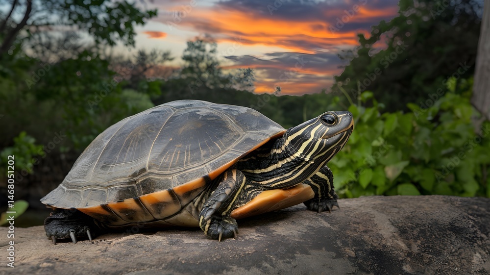 Naklejka premium A turtle basks peacefully in the warm embrace of nature, enjoying the vibrant sunset hues. Its presence signifies serenity in the great outdoors
