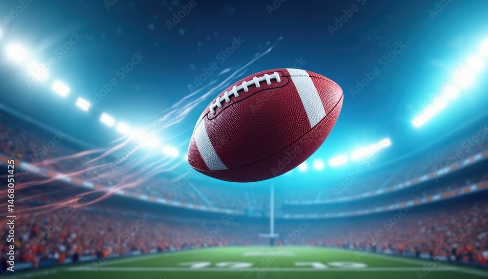 American football flies through stadium. Ball in dynamic motion, soaring above packed seats. Intense game action, competition, thrill. Sports entertainment, passion, victory. American football flies through stadium. Ball in dynamic motion, soaring above packed seats. Intense game action, competition, thrill. Sports entertainment, passion, victory.