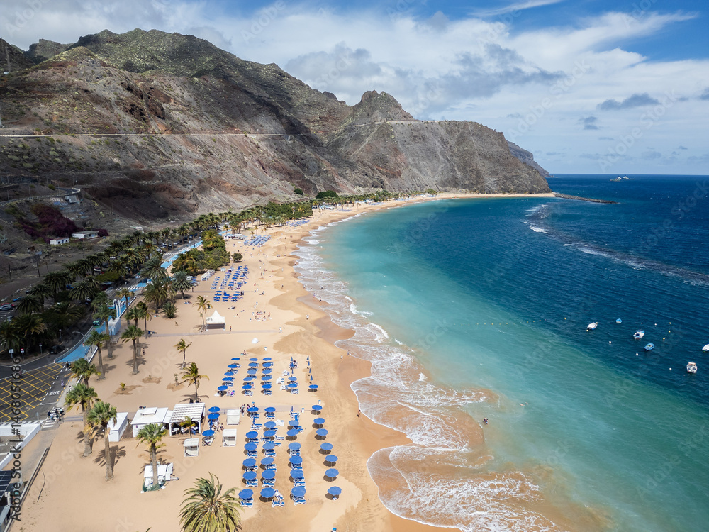 Drone view of beautiful beach Las Teresitas in San Andres, Tenerife.
