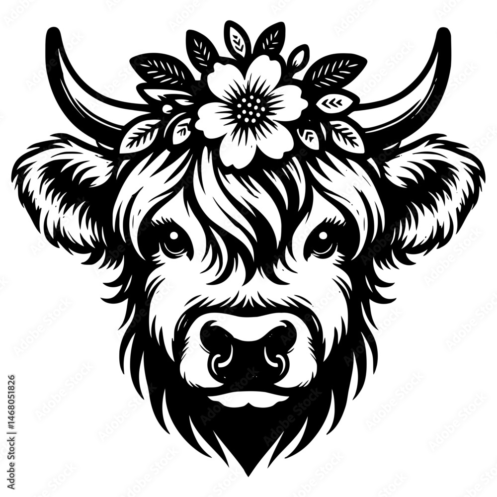 Fototapeta premium Decorative Highland Cow Head with Floral Crown Illustration
