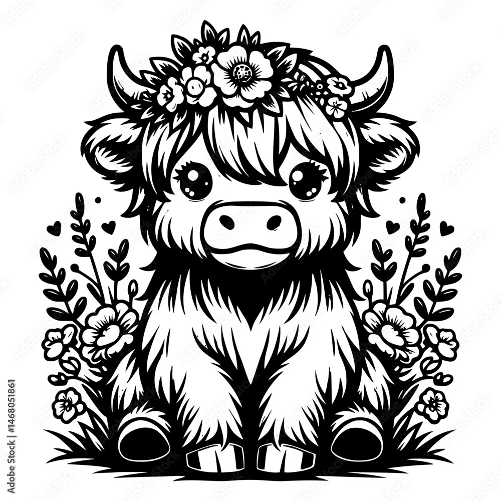 Obraz premium Cute Highland Cow with Floral Crown Black and White Illustration