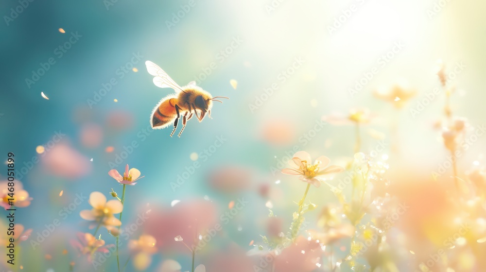 Bee is flying through a field of flowers. The scene is bright and cheerful Bee is flying through a field of flowers. The scene is bright and cheerful