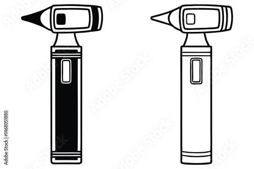 Two otoscopes in black and white show medical instrument contrast on a clean background