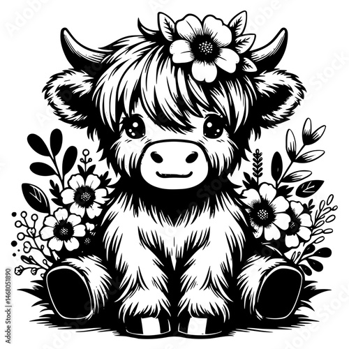 Cute Highland Cow Illustration with Flowers
