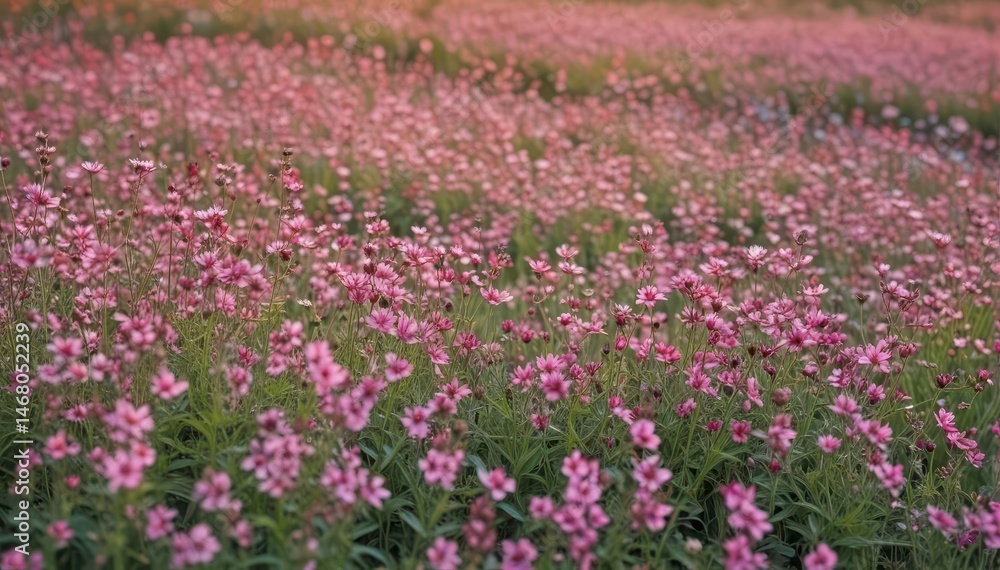 Obraz premium Dense field of blooming pink wildflowers, soft light , vibrant, flora, flowers