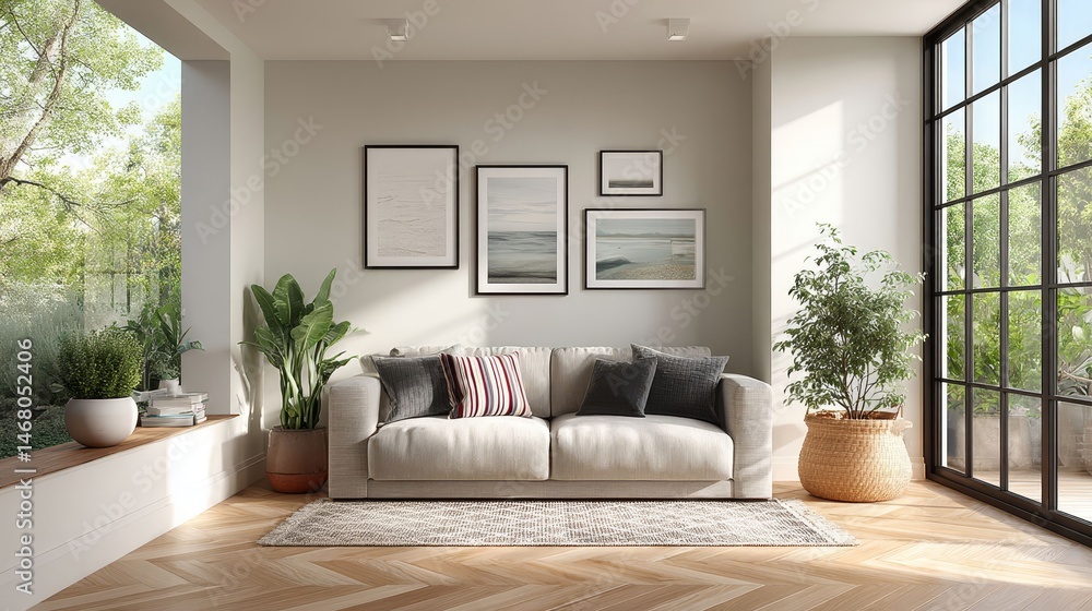 Fototapeta premium Cozy Living Room with Green Plants and Natural Light Interior