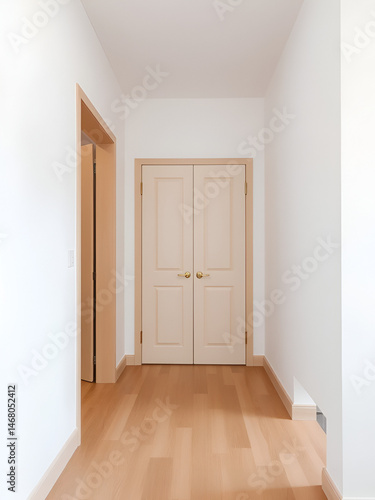 Wallpaper Mural Interior of long narrow hallway with closed doors, wooden floor and white walls in apartment designed in minimal style. Torontodigital.ca