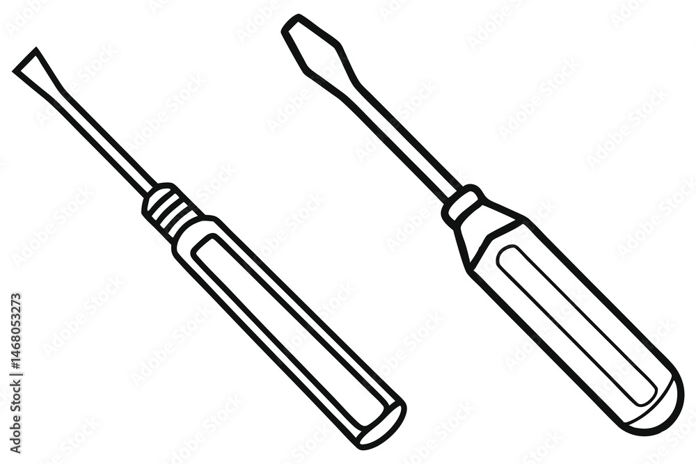 Fototapeta premium Two flat blade screwdrivers with black outlines sit against a white transparent backdrop