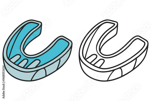 Sporting goods show protective mouthguard in blue next to a black and white drawing