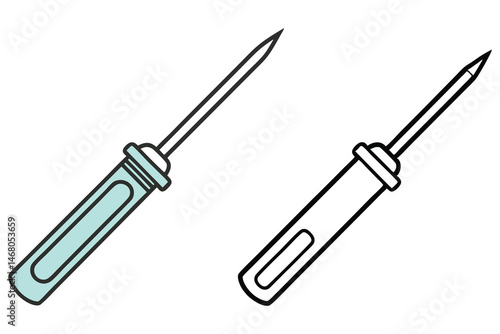 Teal handled awl tool rests beside black outlined awl on a white background