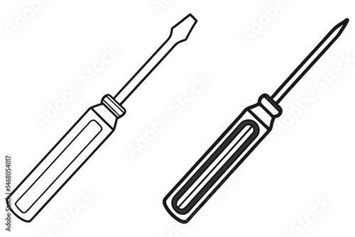 Two line art screwdrivers feature insulated handles and slender blades against white backgrounds