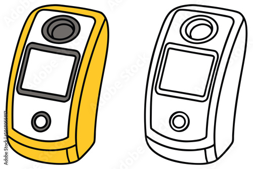 Two hand held devices, one yellow and one line art, are pictured against white