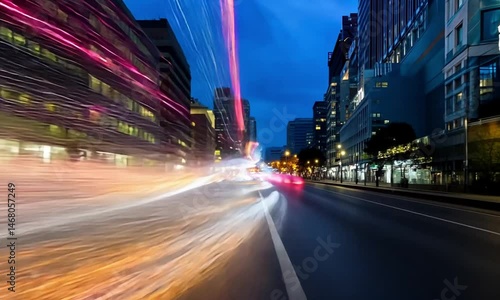 Blurry streaks of light illuminate a dark city street at night