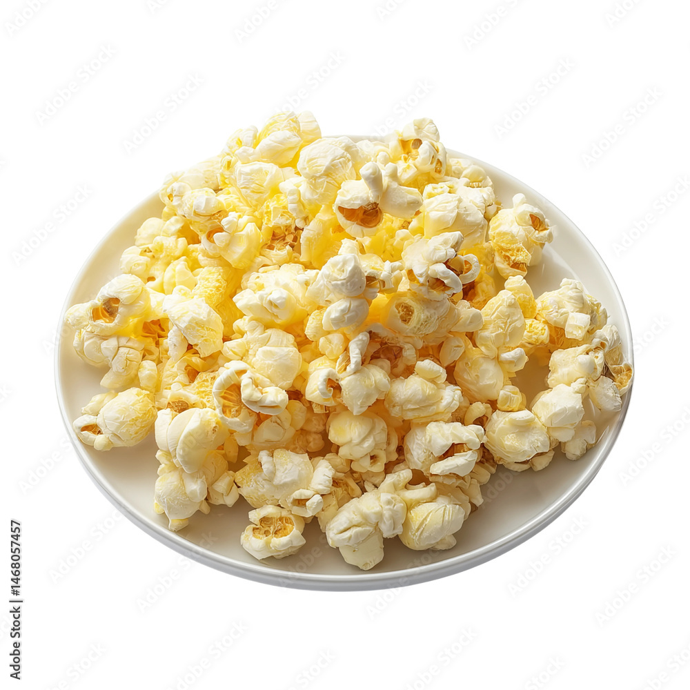 A close-up image of a pile of fresh popcorn served on a white plate. The popcorn looks light and fluffy, ready to be enjoyed as a snack A close-up image of a pile of fresh popcorn served on a white plate. The popcorn looks light and fluffy, ready to be enjoyed as a snack