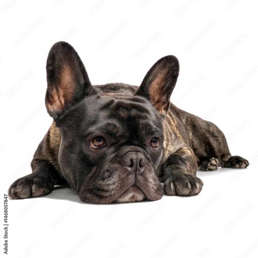 Adorable French Bulldog Resting Brindle Fur Close Up Relaxed Dog Isolated Against White Background Adorable French Bulldog Resting Brindle Fur Close Up Relaxed Dog Isolated Against White Background