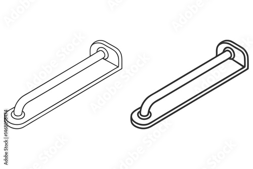 Two linear perspective drawings showcase identical metallic grab bars against a transparent background