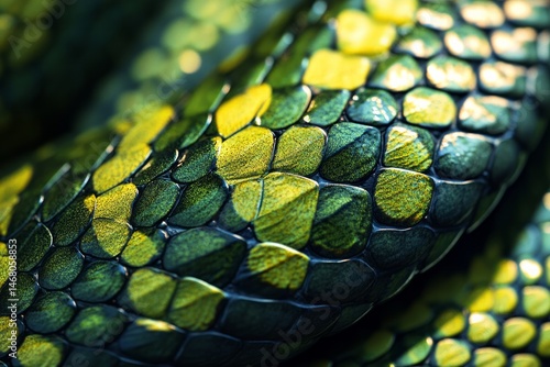 Intense close-up of a vibrant green and yellow snake skin glistening in natural light