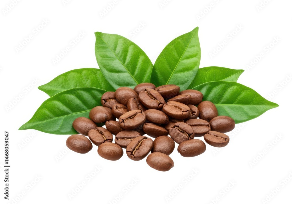Obraz premium Fresh roasted coffee beans with leaves for gourmet beverage image