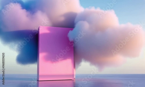 Fluffy clouds appear in the sky with a reflecting mirror on the ground