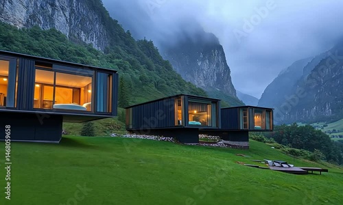 Modern cabins glow against a backdrop of towering mountains and lush green fields