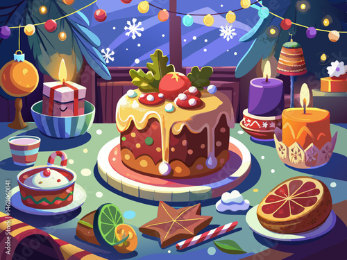vector of Defocused photo of delicious gingerbread cake on Christmas dinner table in cozy New Year's Eve decoration in festive atmosphere