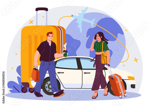Man and woman with suitcases and bags near a car, airplane flying above, colorful graphic style with world map on white background. Concept of travel planning. Vector illustration
