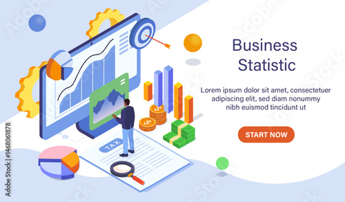 Business analysis concept with charts, graphs, and financial elements in isometric graphic style on a clean white background. Concept of data statistics. Vector illustration
