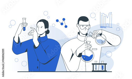 Two scientists analyzing chemical substances with lab glassware in a modern flat style on a white background, concept of scientific research. Vector illustration