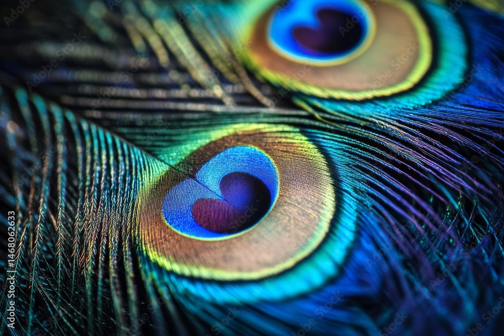 Fototapeta premium Vibrant close-up of a peacock feather revealing astonishing colors and heart-like patterns amidst nature's intricate beauty