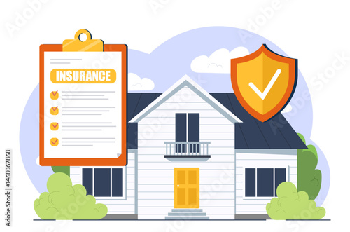 House with a clipboard showing insurance checklist and a shield with a checkmark, flat style on white background, concept of home insurance. Vector illustration