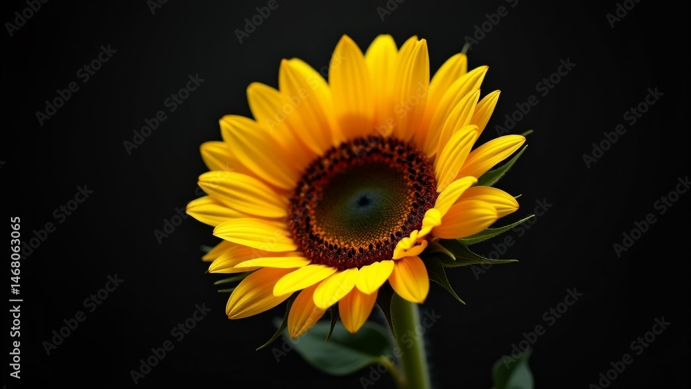 Fototapeta premium close sunflower bright yellow petals dark brown center sunflower full bloom petals radiating outward star like pattern center flower deep blue green color hint orange flower surrounded green leaves
